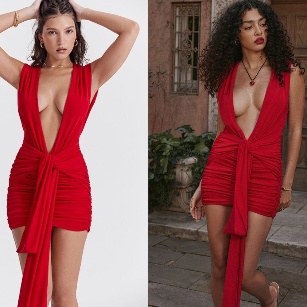 HOUSE OF CB 'Aliza' Cherry Gathered Mini Dress NWOT - Picture 3 of 14